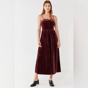 Urban Outfitters Burgundy Velvet Midi Dress with Spaghetti Straps